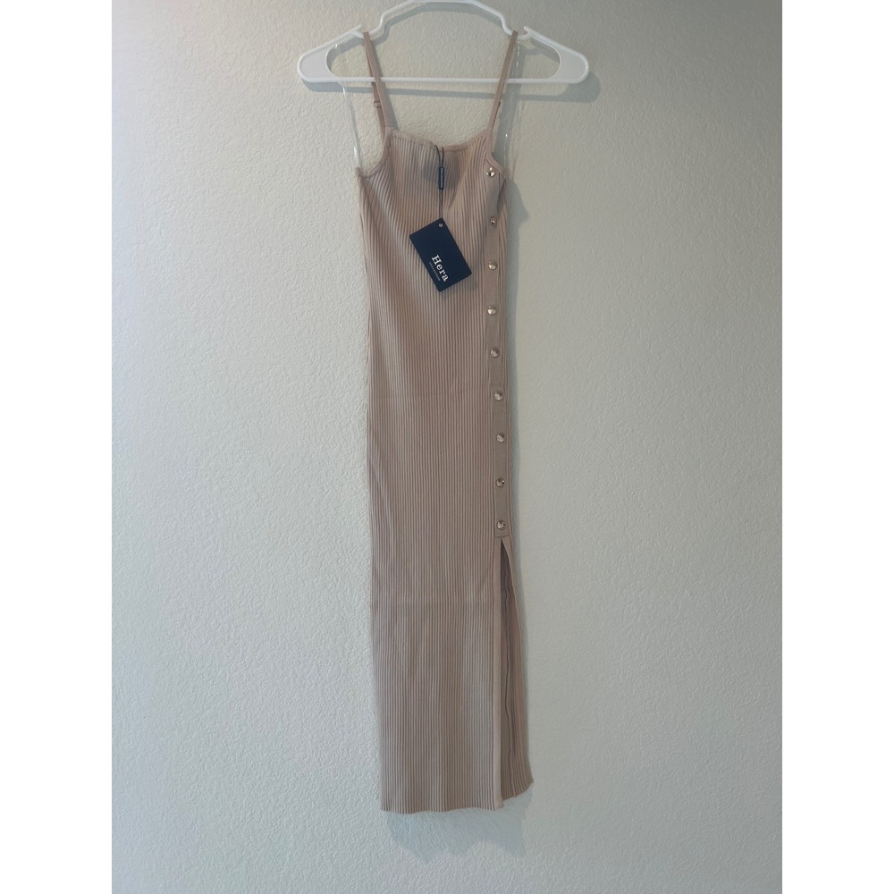 Hera Collection Beige Ribbed Knit Button Side Slit Midi Dress Tan Large NWT